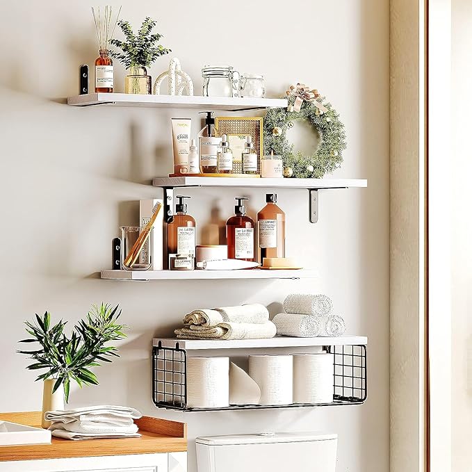 4+1 Tier Floating Shelves, Rustic Wood Wall Mounted Shelf, Bathroom Shelves Over Toilet with Wire Storage Basket, Farmhouse Wall Decor for Bedroom, Living Room, Kitchen, Office, and More (White) - British D'sire