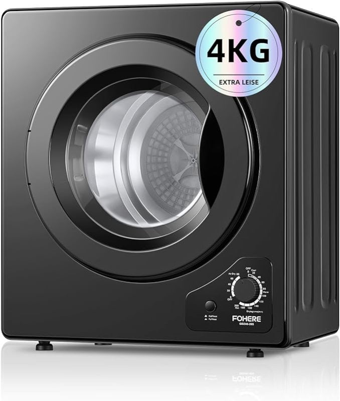 4KG Tumble Dryer with Sensor Dry, FOHERE 1200W Compact Vented Tumble Dryer with Exhaust Duct & Stainless Steel Tub, Control Panel Downside Easy Control for 5 Automatic Drying Mode, Black - British D'sire