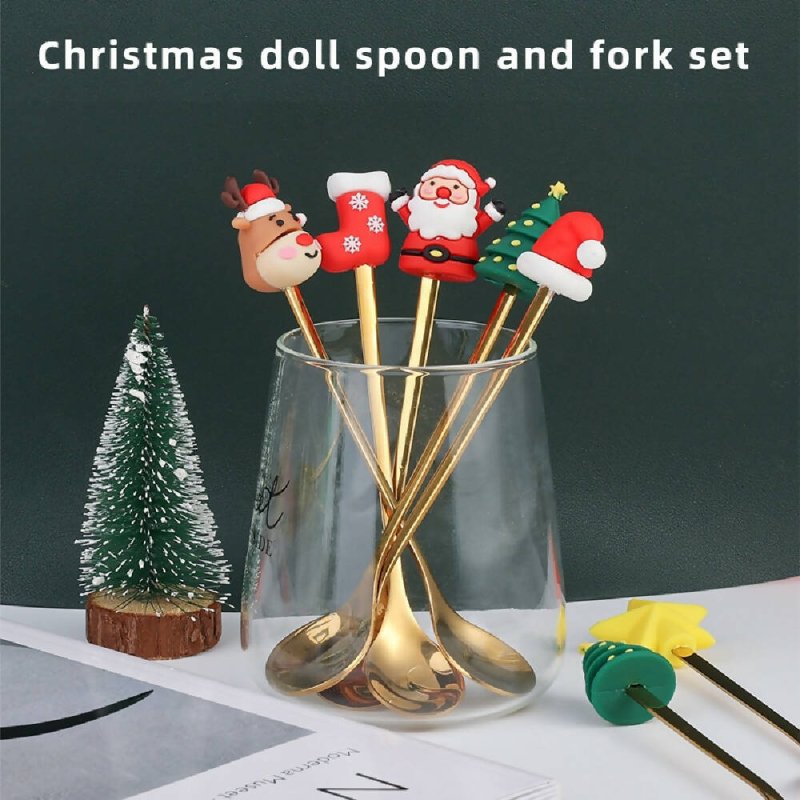 6pcs /Pack Christmas Cartoon Doll Stainless Steel Tableware, Style: D Silver Spoon+Green Box - Stainless Steel Tableware - British D'sire