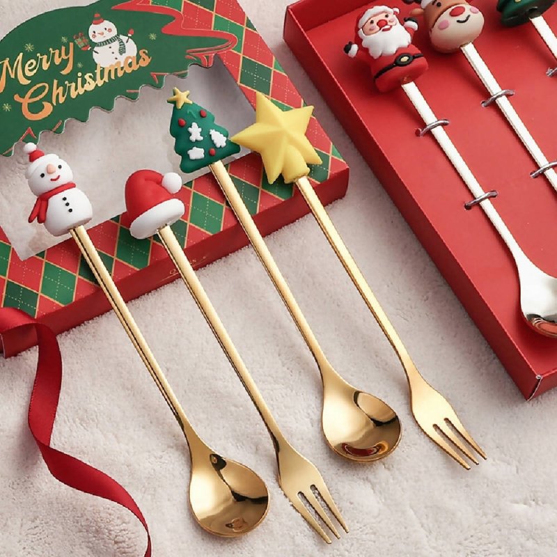 6pcs /Pack Christmas Cartoon Doll Stainless Steel Tableware, Style: D Silver Spoon+Green Box - Stainless Steel Tableware - British D'sire