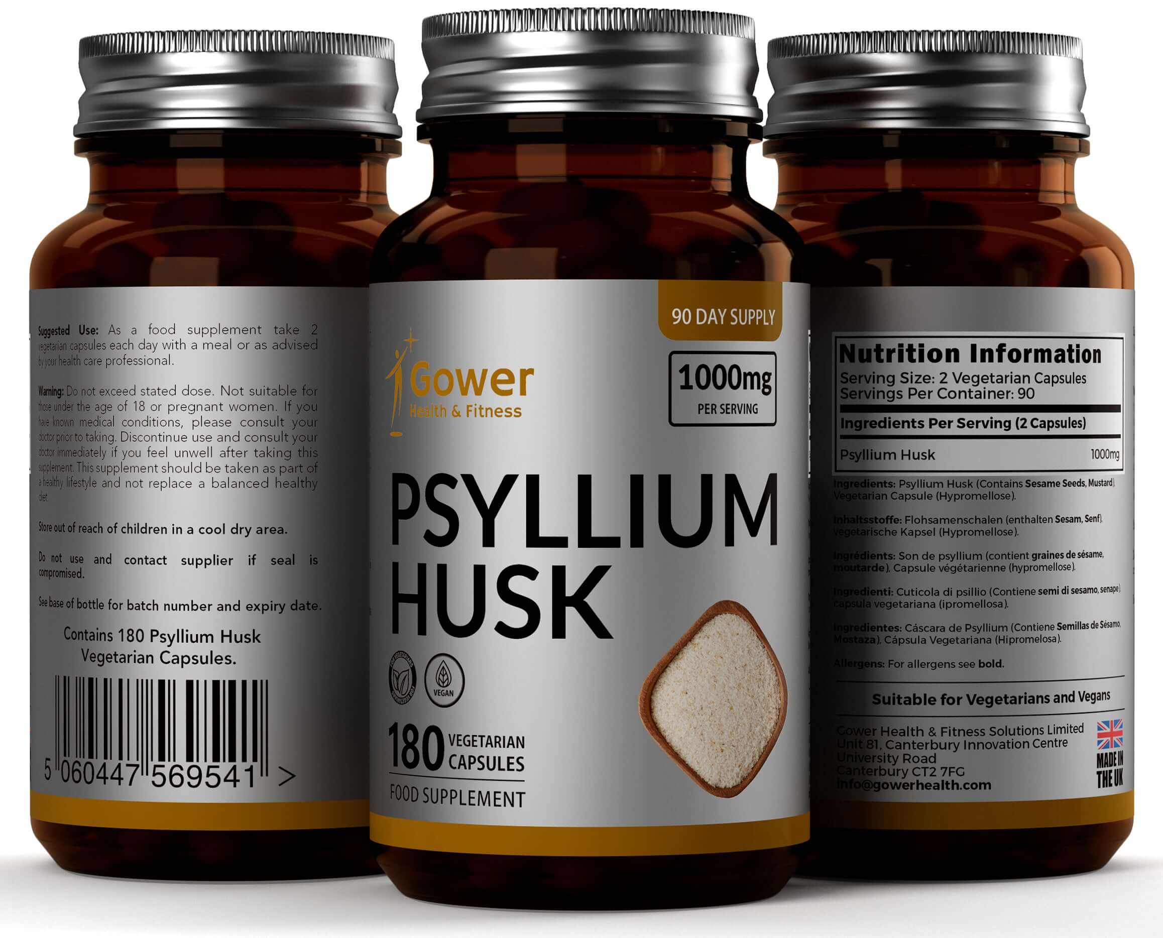 GH Psyllium Husk Capsules 1000mg per Serving | 180 Vegan Capsules | High Fibre Supplement | Non-GMO, Dairy Free & Gluten Free - British D'sire