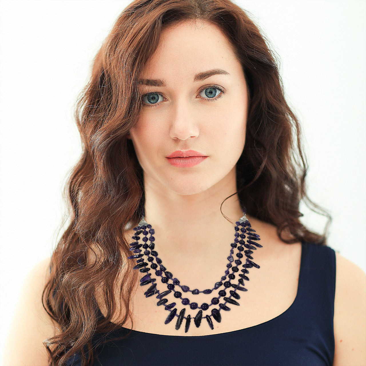 Pearlz Gallery Amethyst Necklace for Women – 3-Line 20" Flat Oval Nugget Beads in 925 Sterling Silver, Natural Gemstone Elegant Gift Jewelry Secondary image