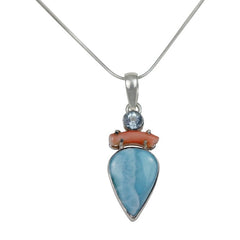 A Charming Inverted Teardrop Shaped Larima Pendat Accent with a Natural Coral Branch and a Beautiful Faceted Bluetapz - Necklaces & Pendants - British D'sire