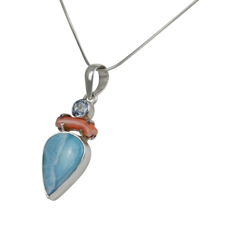 A Charming Inverted Teardrop Shaped Larima Pendat Accent with a Natural Coral Branch and a Beautiful Faceted Bluetapz - Necklaces & Pendants - British D'sire