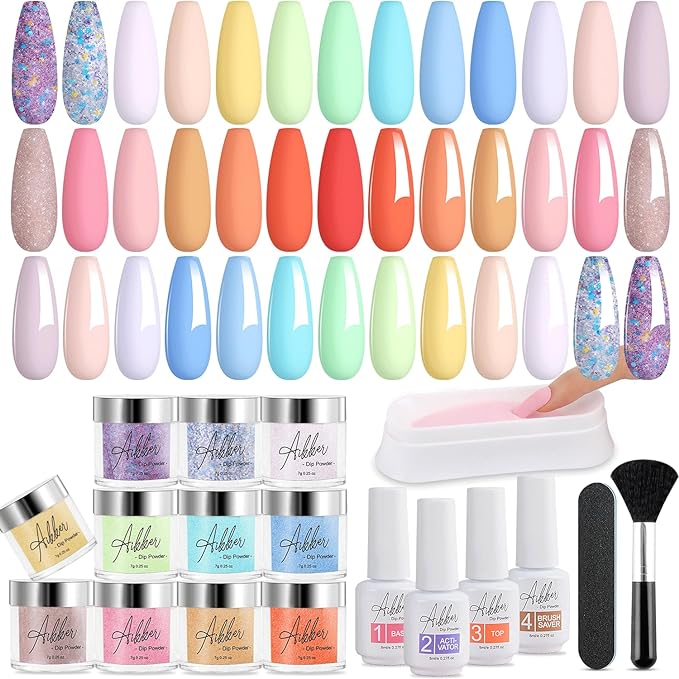 Aikker 20 Spring Colours Dip Powder Nail Kit Starter 27 Pcs Glitter Purple Pink Orange Acrylic Dipping Powder Liquid Set with Everything Base Top Coat Activator for French Nail Art Manicure AK33 - British D'sire