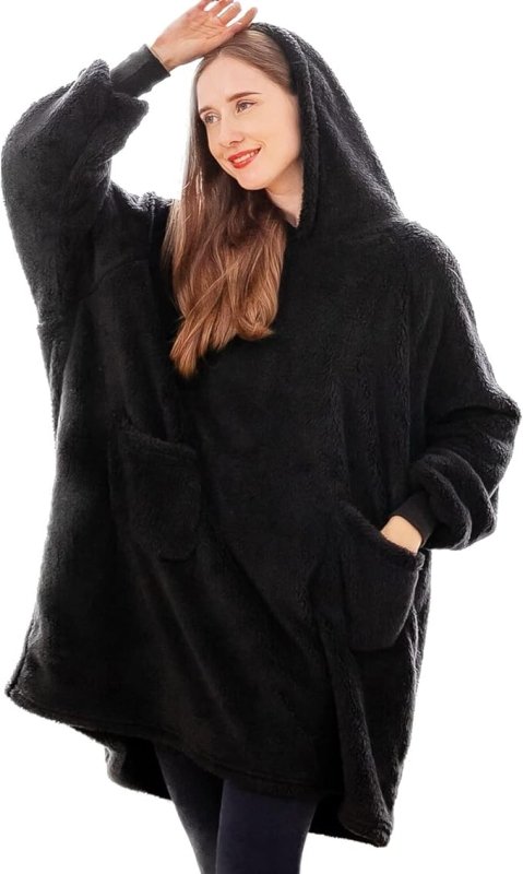 Aisbo Oversized Wearable Blanket Hoodie Women - Warm Hoodie Blanket for Mens Adult, Winter Teddy Fleece Hooded Blanket with Hood Black Gifts for Her Ladies, 95x85 cm - British D'sire