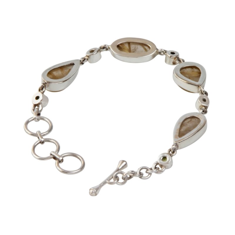 An Elegant Design with 4 Beautiful Goldan Rutiles Set in a Sterling Silver Bracelet and Accented with Small Round Faceted Peridot and Citrine Gems Gems - Bracelets & Bangles - British D'sire