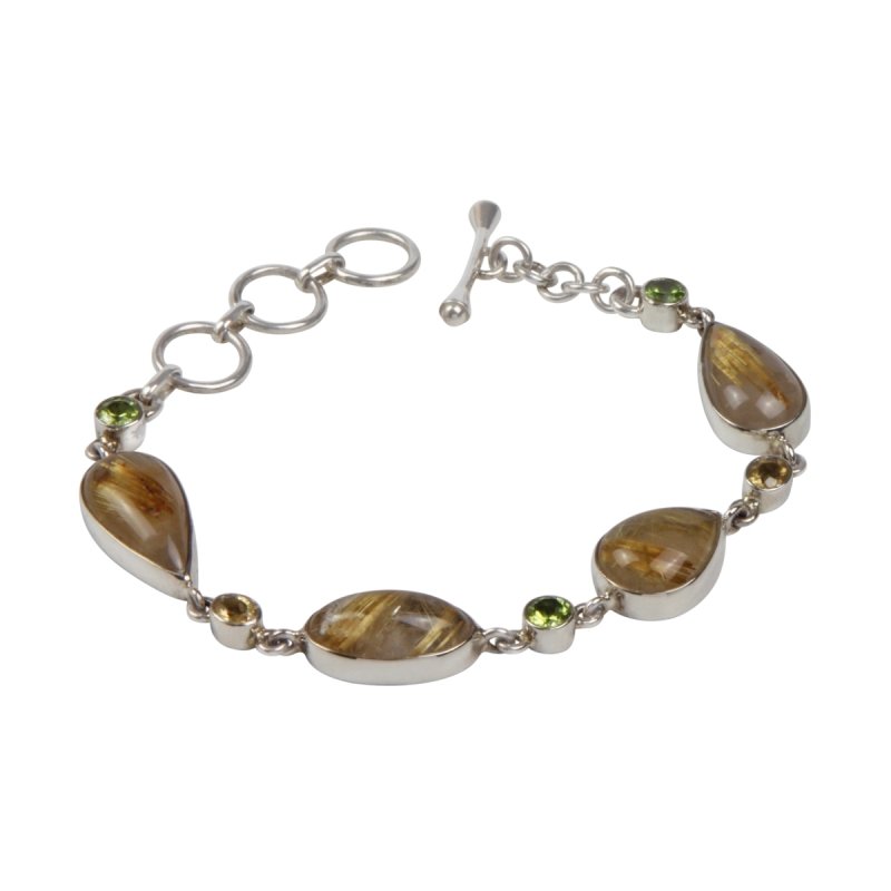 An Elegant Design with 4 Beautiful Goldan Rutiles Set in a Sterling Silver Bracelet and Accented with Small Round Faceted Peridot and Citrine Gems Gems - Bracelets & Bangles - British D'sire