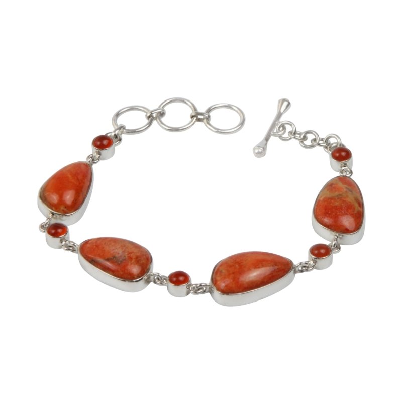 An Elegant Design with 4 Beautiful Sponge Corals set in a Sterling Silver Bracelet and Accented with Small Round Carnalian Gems - Bracelets & Bangles - British D'sire