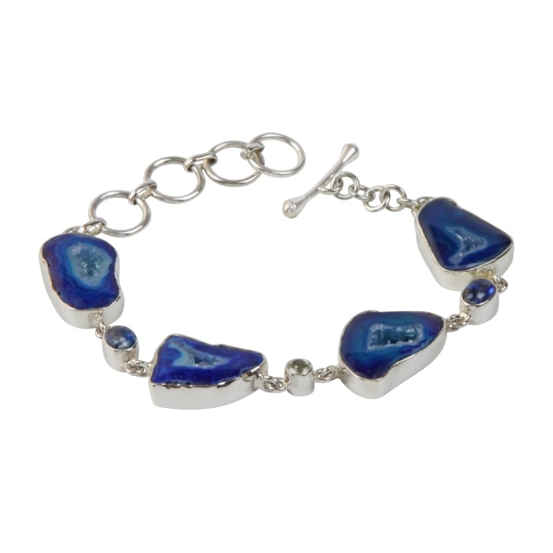 An Exquisite Blue Agate Sterling Silver Bracelet accented with Iolite and White Crystal - Bracelets & Bangles - British D'sire