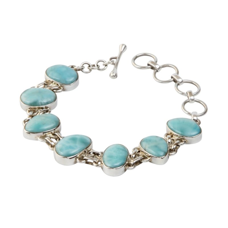 An Exquisite Double Linked Sterling Silver Bracelet with 7 unique shaped Larimar Crystals - Bracelets & Bangles - British D'sire Main image