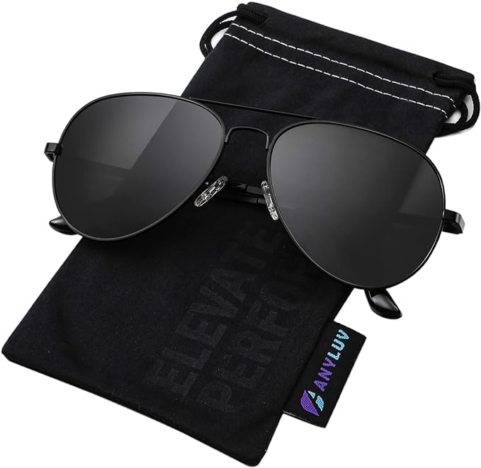 ANYLUV Pilot Sunglasses Mens, Polarised Sunglasses Men Women Classic Black Shades Metal Frame with UV Protection - British D'sire