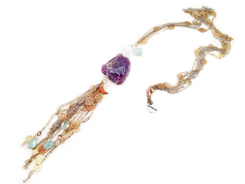 Aquamarine, Amethyst, Calcedony and charms long lariat necklace. Perfect for parties, summer time and gift for her. - Necklace - British D'sire