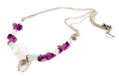 Aquamarine, White Onyx and Amethyst Stones Silver Plated Choker Necklace with Horseshoe Charm. - Necklace - British D'sire