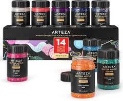 ARTEZA Glitter Acrylic Paint Set, 14 Colours, 60 ml Bottles, Transparent Base, Glitter Paint for Crafts & Pumpking Decorating with Iridescent Chunky Glitter - British D'sire