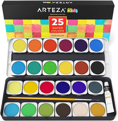 ARTEZA Premium WaterColour Paint Set, 25 Vibrant Colour Cakes, Includes Paint Brush, Art Supplies for the Professional Artist & Hobby Painters - British D'sire