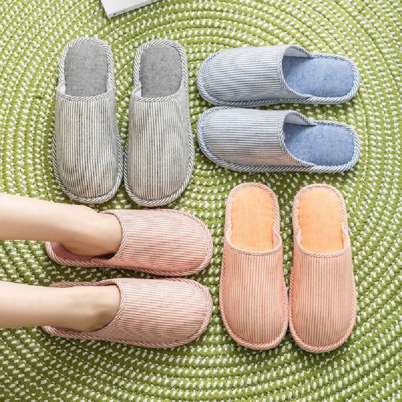 Autumn Winter House Slippers Striped Linen Non-Slip Soft Underside Cotton Slippers, Size: 36-37(Red) - Autumn Winter House Slippers - British D'sire