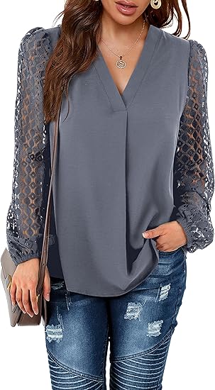 BeLuring Women's Casual Blouse V Neck Tops Lace Long Sleeve T Shirt - Women's Top - British D'sire