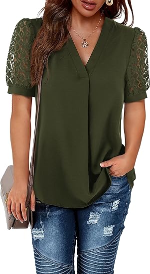 BeLuring Women's Casual Blouse V Neck Tops | Lace Long Sleeve T-Shirt for Women's | Lace T-Shirts | Casual Blouse | Lace Blouse | Flattering Top Secondary image