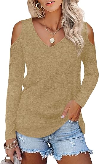 BeLuring Women's Cold Shoulder Tops Curved Hem Shirts Long Sleeved T-Shirt - Women's Top - British D'sire