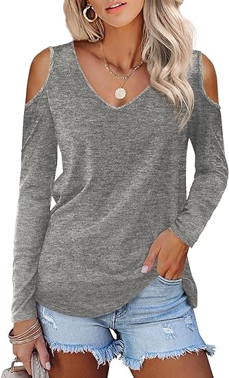 BeLuring Women's Cold Shoulder Tops Curved Hem Shirts Long Sleeved T-Shirt - Women's Top - British D'sire