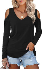 BeLuring Women's Cold Shoulder Tops Curved Hem Shirts Long Sleeved T-Shirt - Women's Top - British D'sire