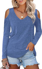 BeLuring Women's Cold Shoulder Tops Curved Hem Shirts Long Sleeved T-Shirt - Women's Top - British D'sire