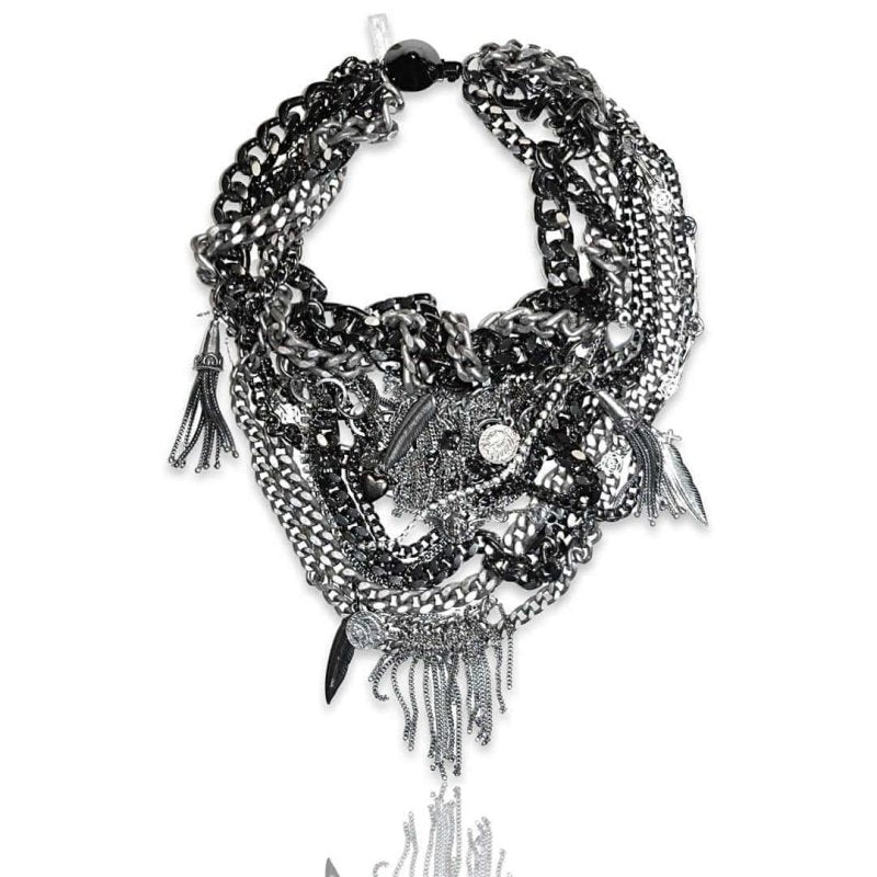 Bib necklace with gunmetal and silver studded chains, Swarovski crystals and stones. Perfect for party, special occasion and to be very fashionable. - Necklaces - British D'sire