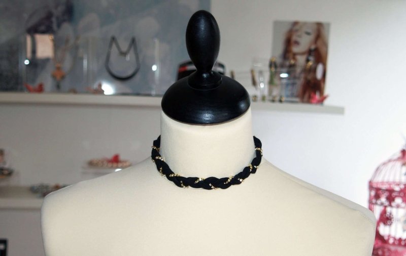 Black Braided Suede Crystal Choker. Braided Vegan Suede with 18K Gold Plated Swarovski Crystals Chain and Silver Plated Closure. - Necklace - British D'sire
