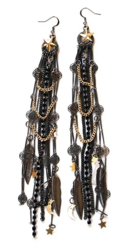 Black Ematite Jet Rhinestones Cluster Earrings with 18kt Gold Plated charms. Long Earrings. - Earrings - British D'sire