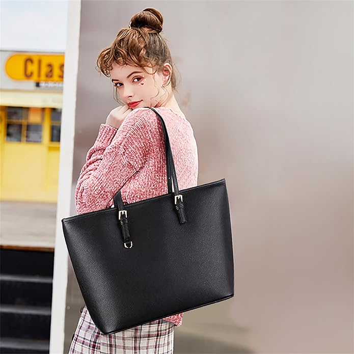 Black Handbag Women Tote Bag: Large Faux Leather Handbags for Lady Designer Shopper Big Fashion Adjustable Handle Bags with Zip Compartment PU Sturdy Shoulder Bag for School Casual Work Travel Daily - British D'sire
