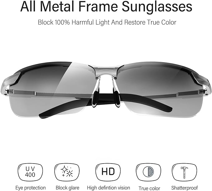 Bloomoak Photochromic Driving Glasses - Photochromism & Polarization |Adjustable Nose Pad |Non-Slip Temple - For Sunny & Cloudy Day Driving |Fishing |Golf |Reduce Glare |UV400 Eyes Protection - British D'sire