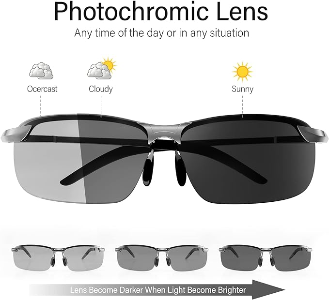 Bloomoak Photochromic Driving Glasses - Photochromism & Polarization |Adjustable Nose Pad |Non-Slip Temple - For Sunny & Cloudy Day Driving |Fishing |Golf |Reduce Glare |UV400 Eyes Protection - British D'sire