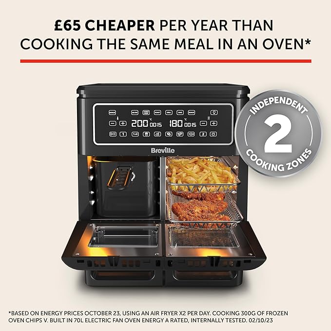 Breville Halo Flexi Air Fryer & Large Mesh Tray, Digital Dual Air Fryer Oven, 11L: Serves 10+, Fry, Bake, Grill, Roast & Reheat, 2400 W, Save £65 a Year on Energy Bills*, Black [VDF138] - British D'sire