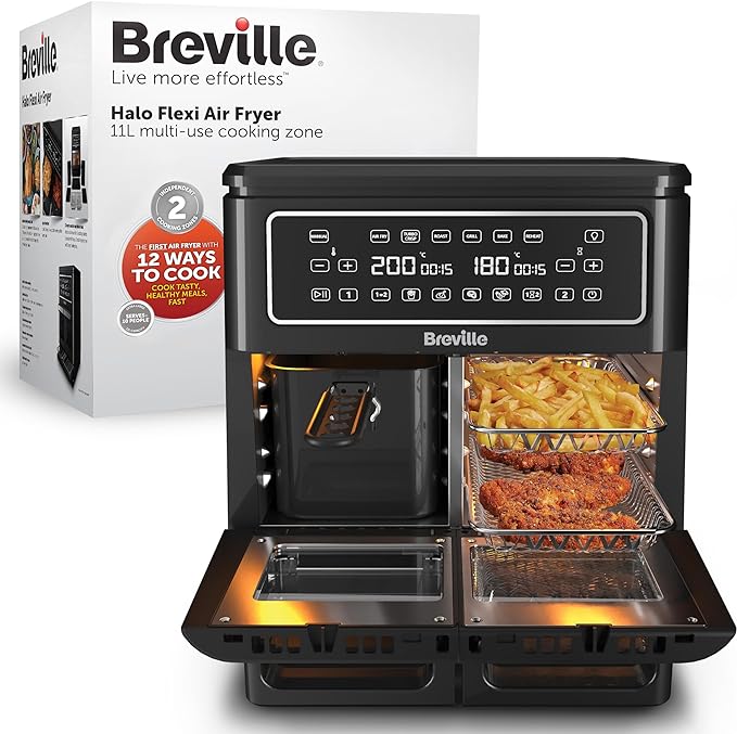 Breville Halo Flexi Air Fryer & Large Mesh Tray, Digital Dual Air Fryer Oven, 11L: Serves 10+, Fry, Bake, Grill, Roast & Reheat, 2400 W, Save £65 a Year on Energy Bills*, Black [VDF138] - British D'sire