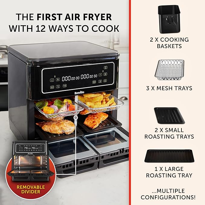 Breville Halo Flexi Air Fryer & Large Mesh Tray, Digital Dual Air Fryer Oven, 11L: Serves 10+, Fry, Bake, Grill, Roast & Reheat, 2400 W, Save £65 a Year on Energy Bills*, Black [VDF138] - British D'sire