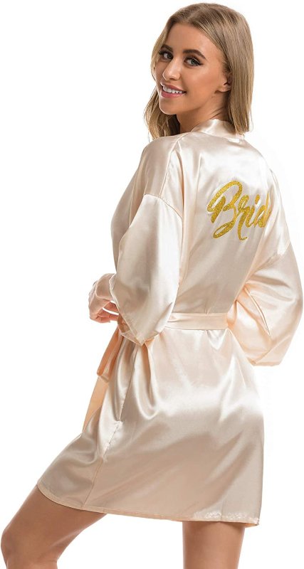 Bride Robes Women'S Kimono Robe Satin Bridesmaid Party Robes, Bridal Morning Robes with Gold Glitter or Rhinestones - Women's Accessories - British D'sire