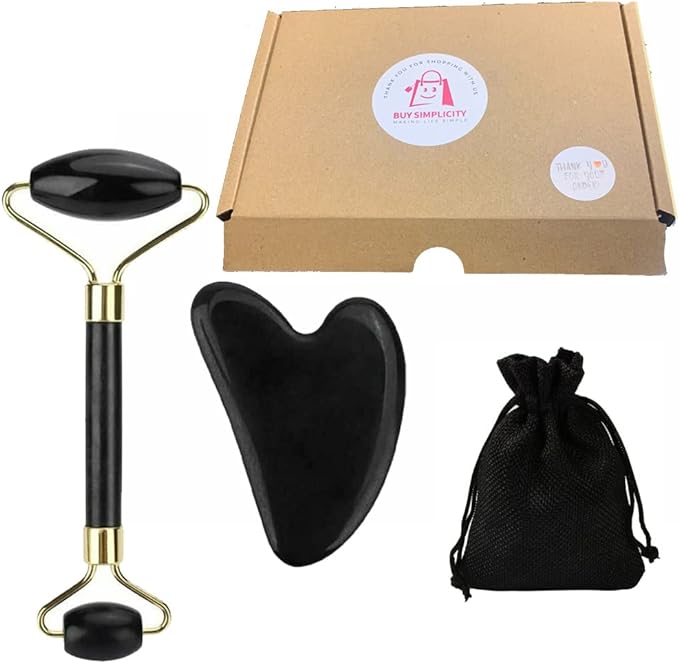 Buy-Simplicity® Jade Roller and Gua Sha Massage Tool, Face Massager, Facial Roller for Skin, Eyes, Neck - Authentic, Durable, Noiseless Design, Jade Roller, Face Roller Gift Set - British D'sire