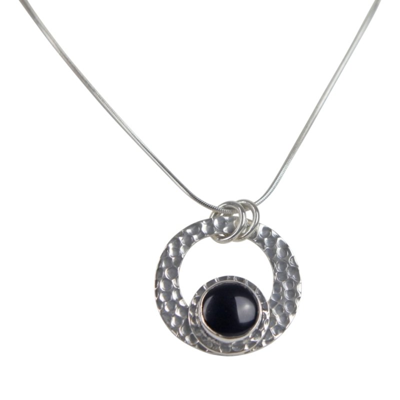 Cabochon Cut Black Spinel in a Beautifully Handcrafted Textured Sterling Silver Pendant - Necklaces & Pendants - British D'sire Main image