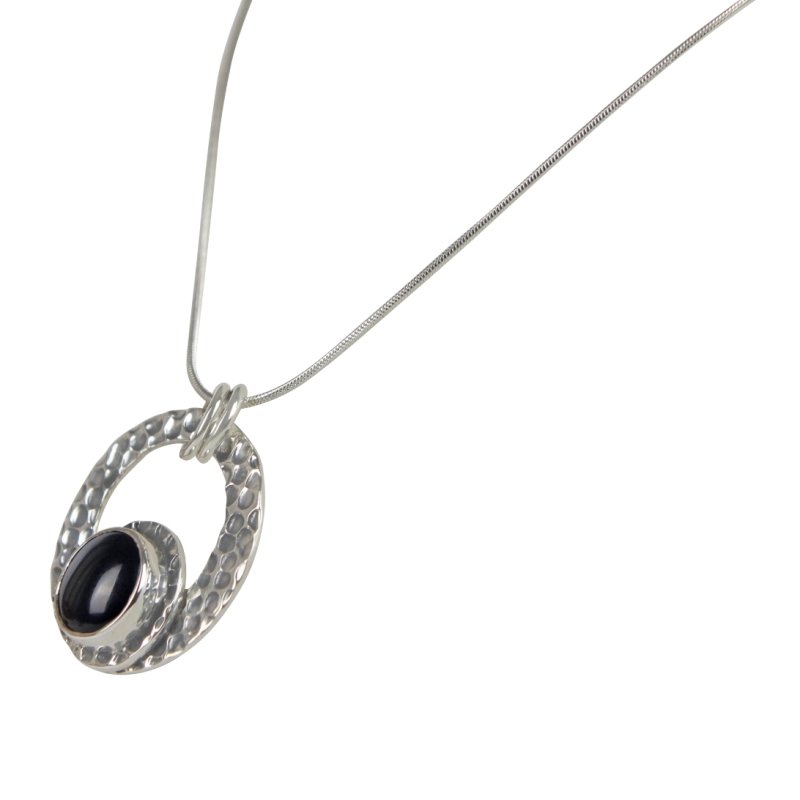 Cabochon Cut Black Spinel in a Beautifully Handcrafted Textured Sterling Silver Pendant - Necklaces & Pendants - British D'sire