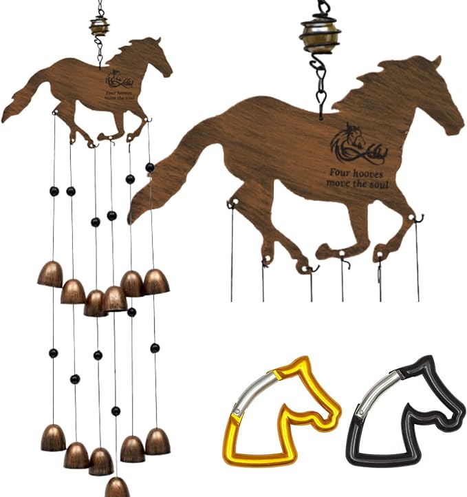 Cantik Horse Wind Chimes for Outside With 2 Horse Head Carabiners - Beautiful Relaxing Sound - Perfect Horse Decor Gift Set, for Anyone That Loves Horses - Infinity Design & Four Hooves Move The Soul - British D'sire