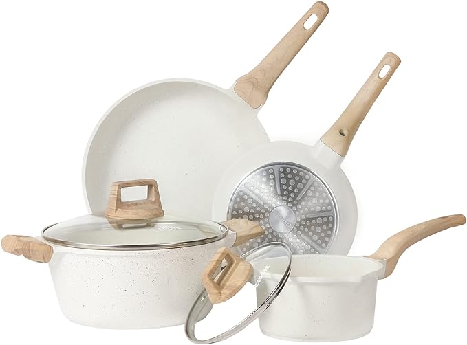 CAROTE Pots and Pans Set, Cookware Set 6-Piece, Non Stick Induction Hob Pan Set with Frying Pan, Saucepan, Stockpot, White (Ice 6pcs Set) - British D'sire