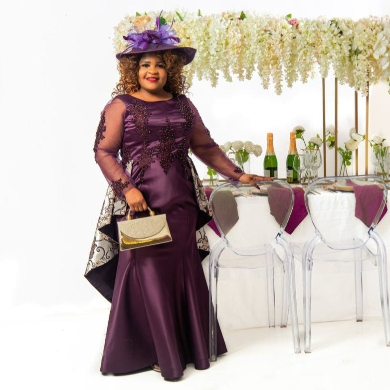 Cerrura Fashions Purple Fishtail With Brocade Overskirt Maxi Dress - Wedding Dresses - British D'sire