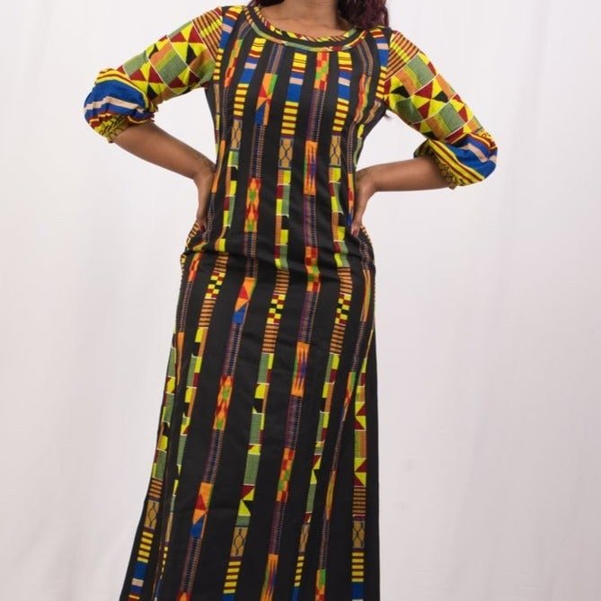Cerrura Fashions with Kente Print African Dress (Black) - Africa Clothings - British D'sire