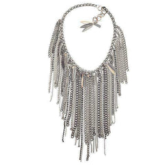 Chain fringe necklace with antique silver ad brass chains, studs, rhinestone crystals and Charms. Trendy necklace, trendy jewelry - Necklaces - British D'sire