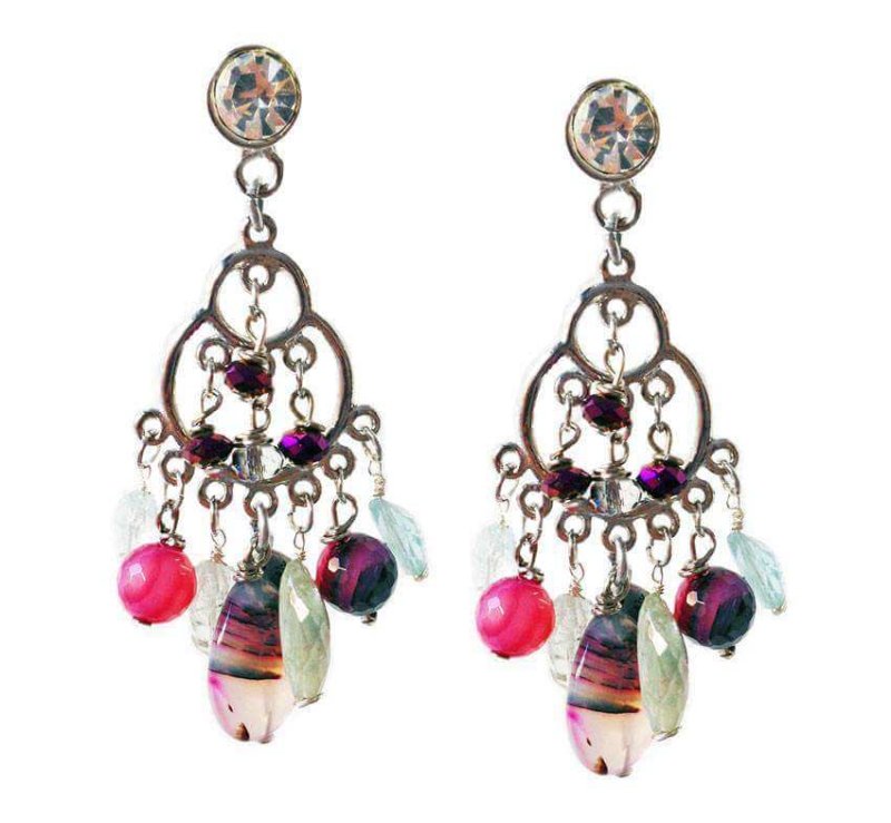 Chandelier Earrings with aquamarine stones and pink agate stones. Long Earrings. Earrings for women. - earrings - British D'sire