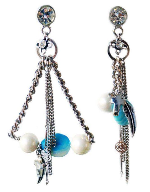 Chandelier earrings with blue agate stones, crosses, feathers, pearls, Swarovski crystals and charms. Trendy earrings, Trendy jewelry. - earrings - British D'sire