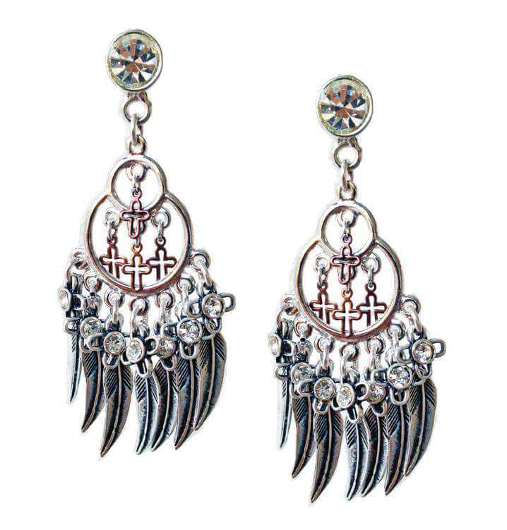 Chandelier earrings with feathers, crosses, Swarovski crystals and charms. Boho chic earrings, Boho chic jewelry. - Earrings - British D'sire