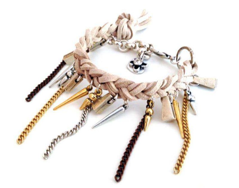 Charm bracelet with fringes, leather and Swarovski crystals. Boho chic bracelet, Boho chic jewelry. - Bracelets - British D'sire