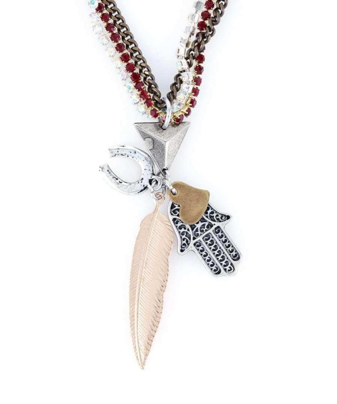 Choker Necklace with lucky charm, hamsa pendant, feather and horseshoe. - Necklaces - British D'sire